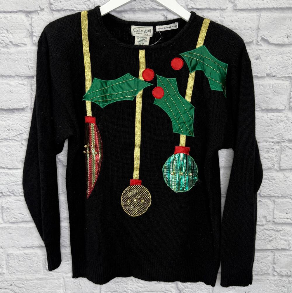 Vintage Colter Bay Womens Christmas Sweater Size M Ornaments Holly Black Wool